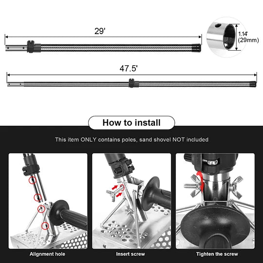 Sand Scoop Metal Detecting Carbon Handle Telescopic Pole, Metal Detector Shovel Handle 47' Diam 1.14(29mm) Lightweight Rust-Proof, Carbon Fiber Telescopic Pole For Sand Dipper Beach Scoop, Sand Sifter
