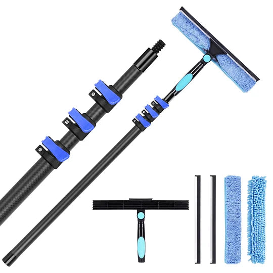 DOBEN 12-Foot Carbon Fiber Window Cleaner Tool with Telescopic Extension Pole, Rotating Scrubber & Squeegee - Durable Lightweight Design for Indoor/Outdoor Glass Cleaning