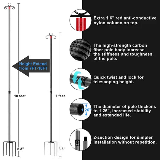 Carbon Fiber String Light Poles for Outside, Extends from 7 to 10FT Telescopic Outdoor Light Poles for String Lights, 2-Section Easily Setup Hanging Light Stand with Fork for Garden, 2 Pack