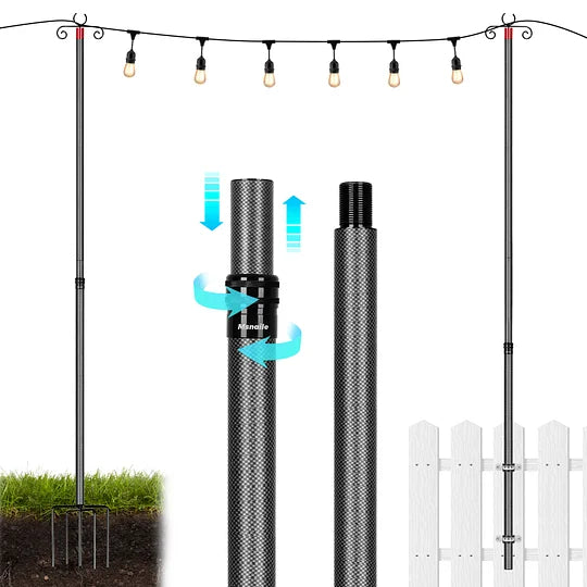Carbon Fiber String Light Poles for Outside, Extends from 7 to 10FT Telescopic Outdoor Light Poles for String Lights, 2-Section Easily Setup Hanging Light Stand with Fork for Garden, 2 Pack