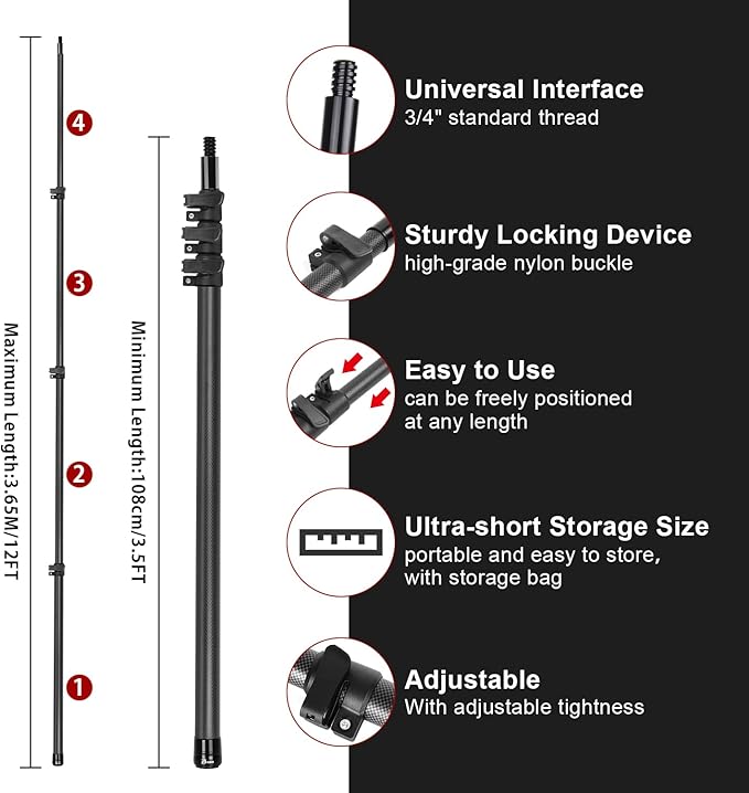 Msnaile 3.5-12FT Carbon Fiber Snow Roof Rake - EVA Foam Head Safe for Roofs/Solar Panels/RVs