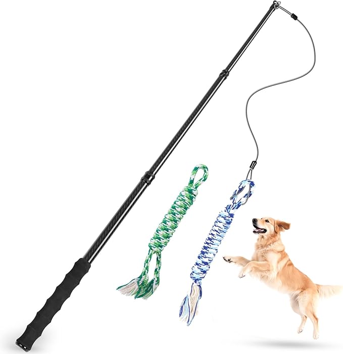 Carbon Fiber Dog Flirt Pole - 40In Telescopic 0.23LBS with 2 Toys & Ropes