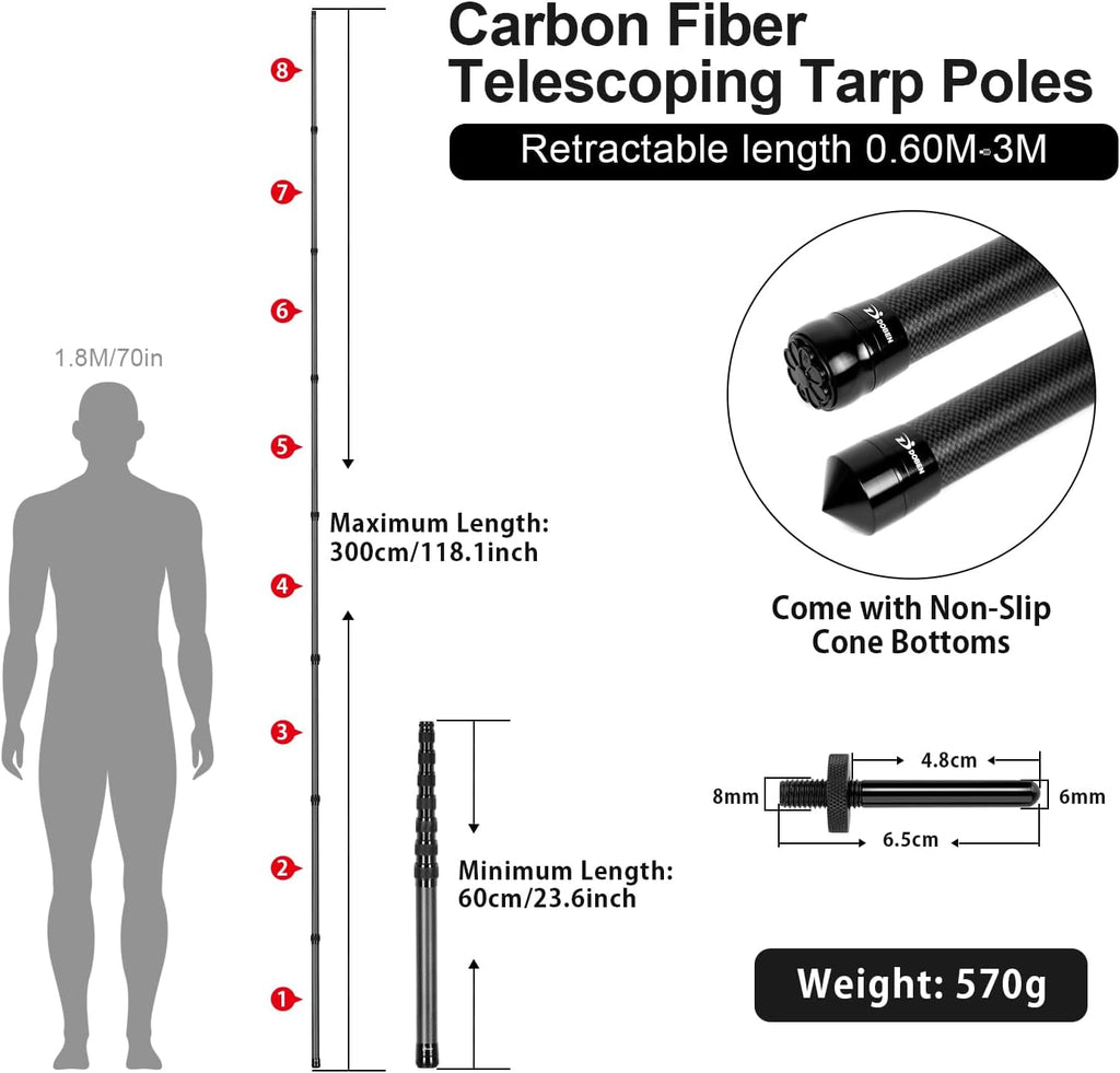 Msnaile Telescopic Tarp Poles, Canopy Adjustable Carbon Fiber Poles Set of 2, Portable & Lightweight Tent Tarps for Awning, Camping, Hiking 118"