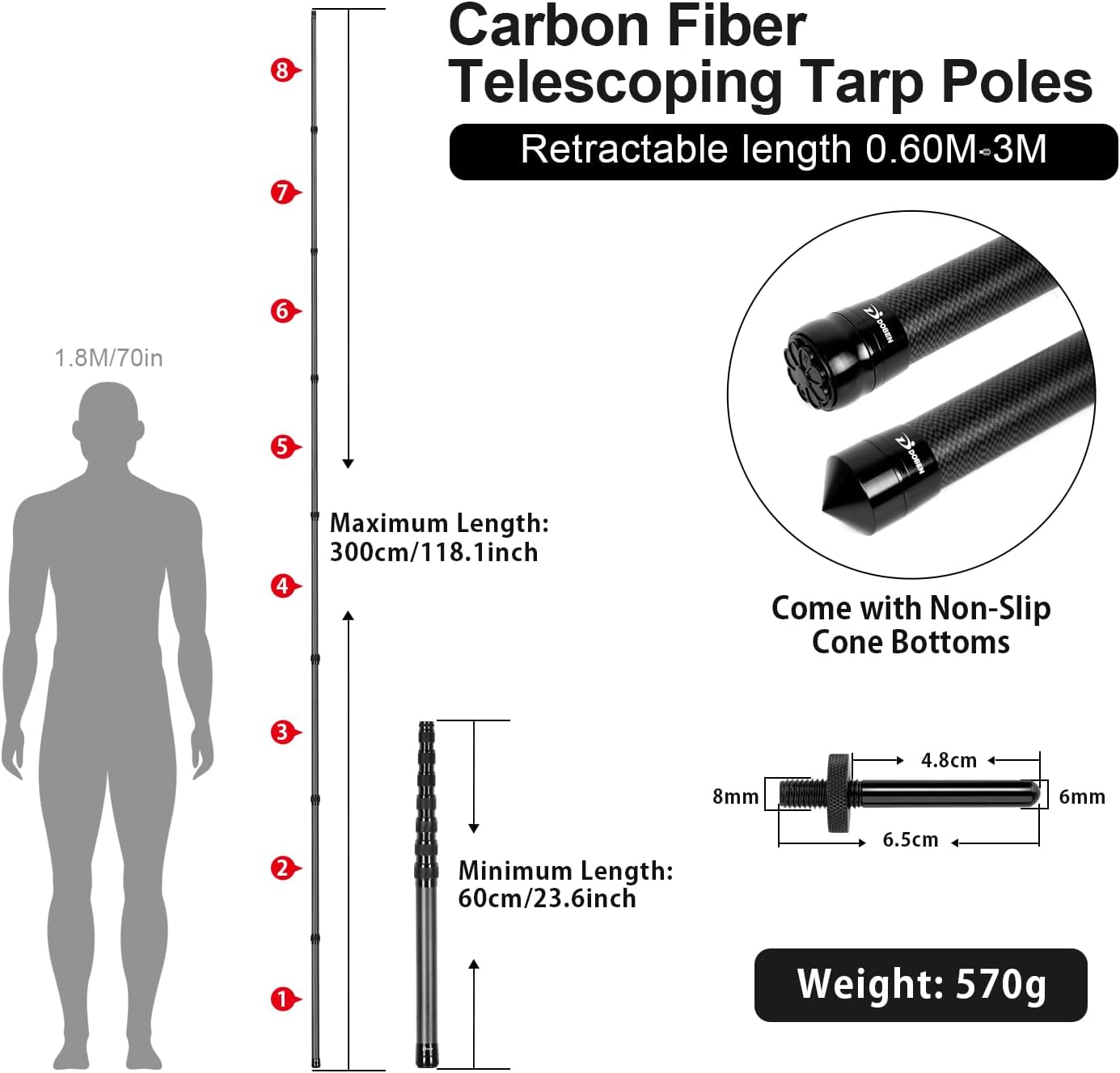 Msnaile Telescopic Tarp Poles, Canopy Adjustable Carbon Fiber Poles Set of 2, Portable & Lightweight Tent Tarps for Awning, Camping, Hiking 118"