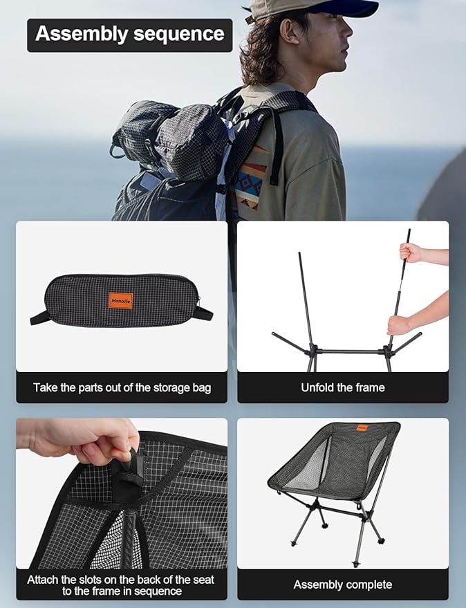 Camping Chair, Carbon Fiber Frame 1.5 lbs Ultralight Folding Chair, Compact Portable Camp Chair for Adults, Backpacking, Hiking, Outdoor, Travel