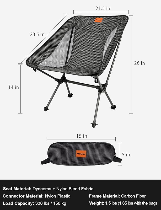 Camping Chair, Carbon Fiber Frame 1.5 lbs Ultralight Folding Chair, Compact Portable Camp Chair for Adults, Backpacking, Hiking, Outdoor, Travel