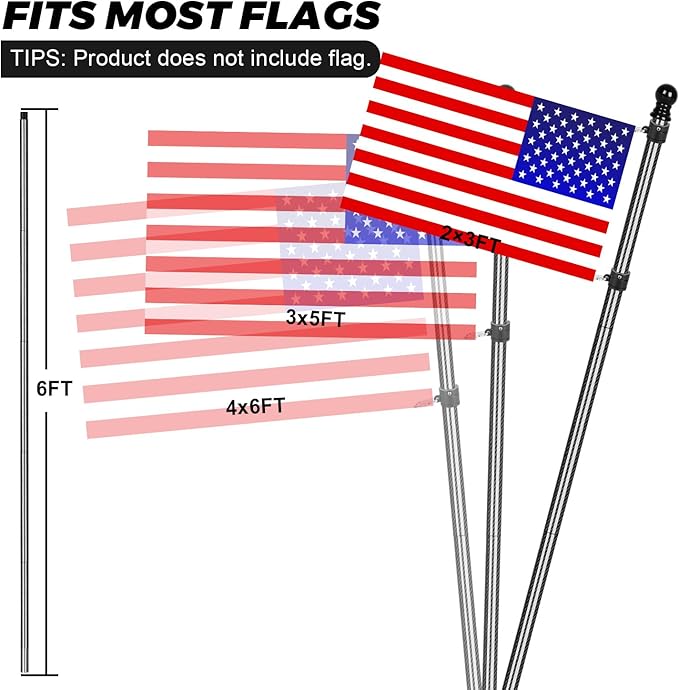 Msnaile 6FT 3K Carbon Fiber Flag Pole - Tangle Free Black Rust/Wind Resistant (No Bracket)