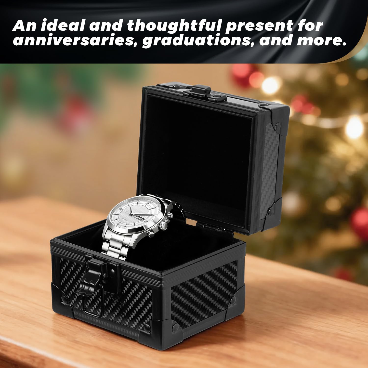 Msnaile Luxury Watch Case for Men, Carbon Fiber Hard Watch Box with Plush Interior, Single Storage Watch Organizer, Luxury Gift Box for Collectors