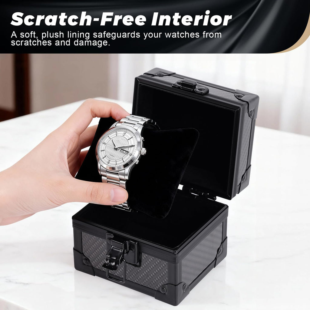 Msnaile Luxury Watch Case for Men, Carbon Fiber Hard Watch Box with Plush Interior, Single Storage Watch Organizer, Luxury Gift Box for Collectors