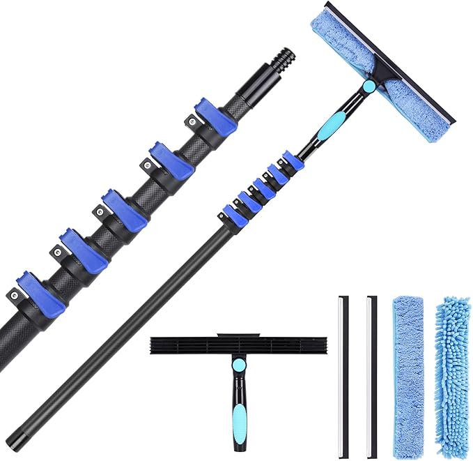 Msnaile 12FT Carbon Fiber Window Cleaner - Telescopic Pole Scrubber & Squeegee