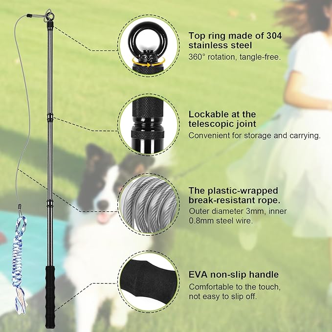 Msnaile Carbon Fiber Dog Flirt Pole - 40In Telescopic 0.23LBS with 2 Toys & Ropes