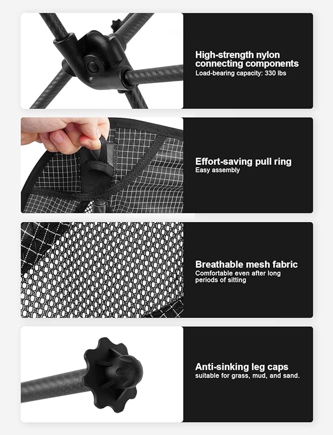Camping Chair, Carbon Fiber Frame 1.5 lbs Ultralight Folding Chair, Compact Portable Camp Chair for Adults, Backpacking, Hiking, Outdoor, Travel
