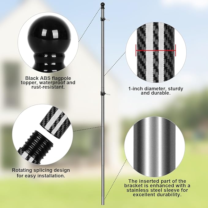 Msnaile 6FT 3K Carbon Fiber Flag Pole - Tangle Free Black Rust/Wind Resistant (No Bracket)