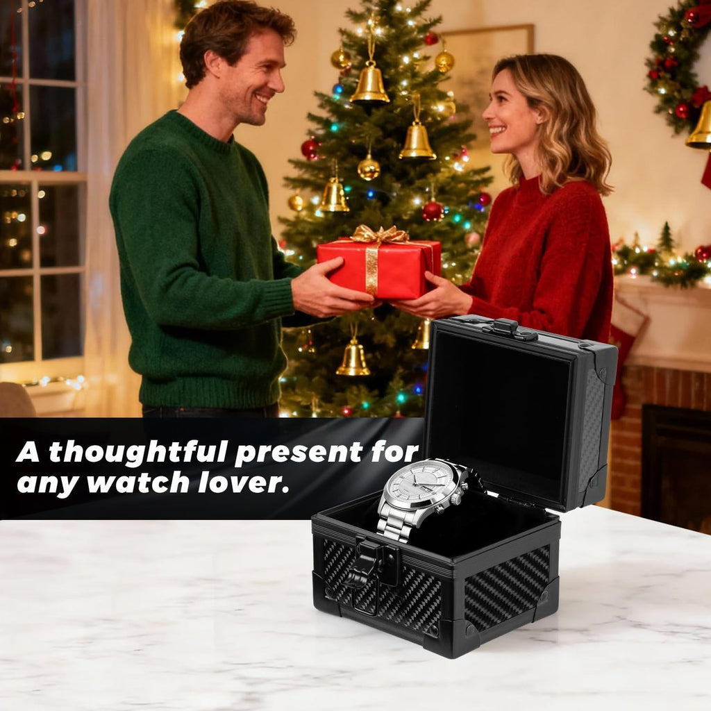 Msnaile Luxury Watch Case for Men, Carbon Fiber Hard Watch Box with Plush Interior, Single Storage Watch Organizer, Luxury Gift Box for Collectors