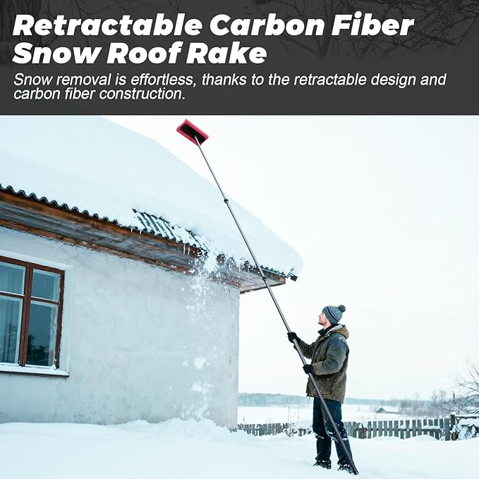 Msnaile 3.5-12FT Carbon Fiber Snow Roof Rake - EVA Foam Head Safe for Roofs/Solar Panels/RVs