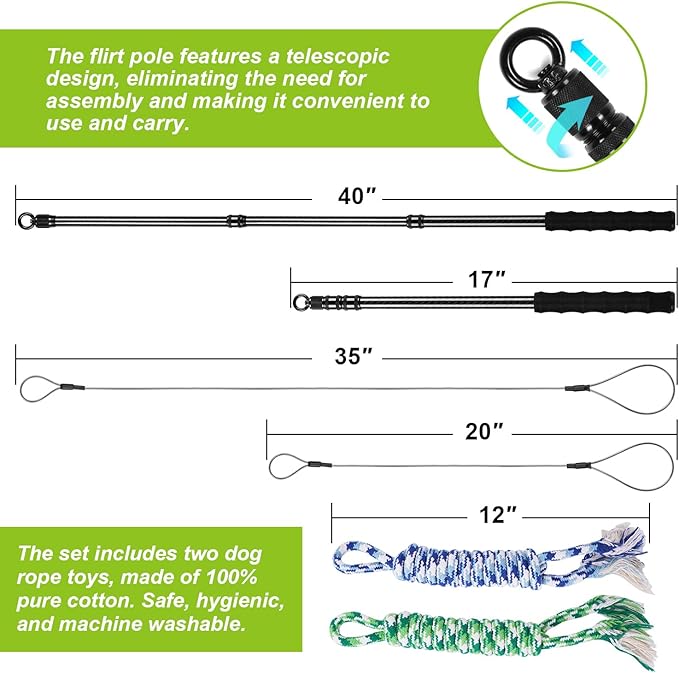 Msnaile Carbon Fiber Dog Flirt Pole - 40In Telescopic 0.23LBS with 2 Toys & Ropes