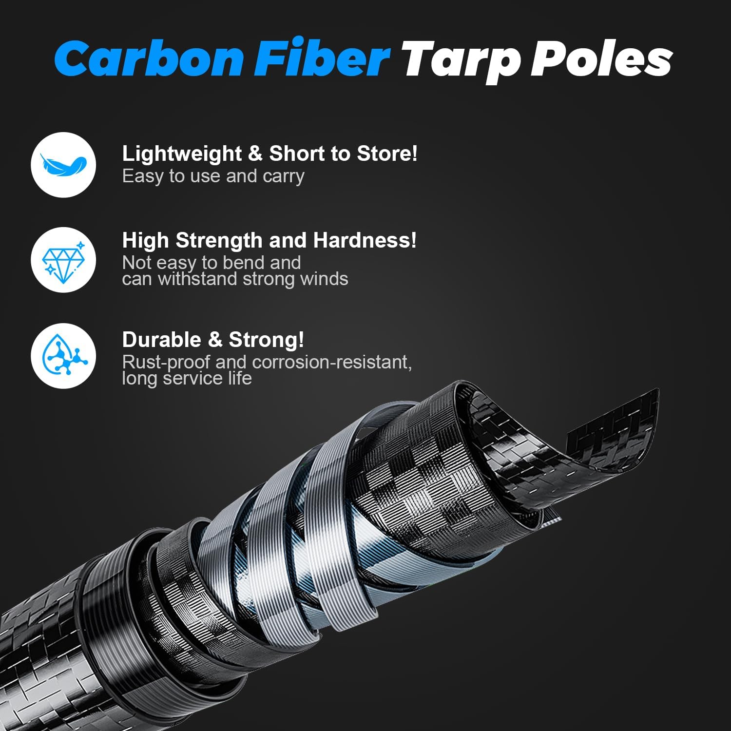 Msnaile Telescopic Tarp Poles, Canopy Adjustable Carbon Fiber Poles Set of 2, Portable & Lightweight Tent Tarps for Awning, Camping, Hiking 118"