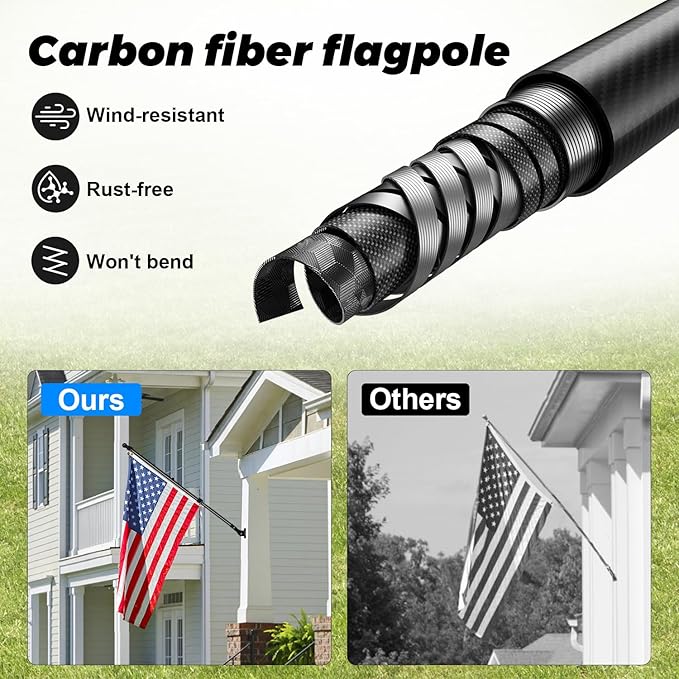 Msnaile 6FT 3K Carbon Fiber Flag Pole - Tangle Free Black Rust/Wind Resistant (No Bracket)