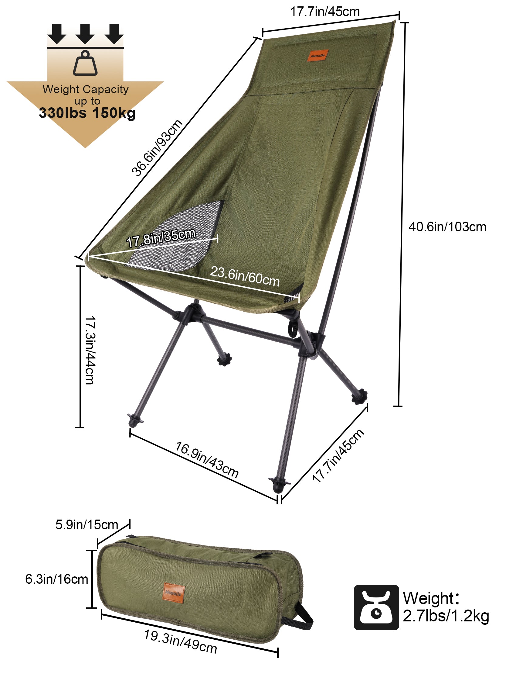 Msnaile Army Green Carbon Fiber Camping Chair – 2.7lbs Ultralight High