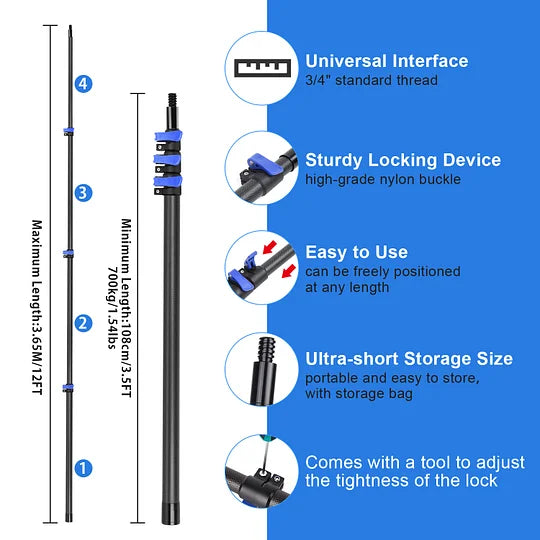 DOBEN 12-Foot Carbon Fiber Window Cleaner Tool with Telescopic Extension Pole, Rotating Scrubber & Squeegee - Durable Lightweight Design for Indoor/Outdoor Glass Cleaning