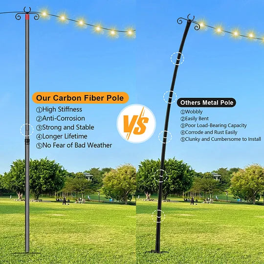 Carbon Fiber String Light Poles for Outside, Extends from 7 to 10FT Telescopic Outdoor Light Poles for String Lights, 2-Section Easily Setup Hanging Light Stand with Fork for Garden, 2 Pack