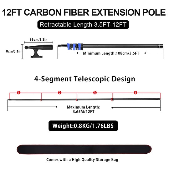 Carbon Fiber Telescoping Boat Hook, Boat Hooks for Docking with Telescoping Extension Pole, Lightweight and Sturdy Push Pole with 3/4" Thread Boating Accessories 3.5-12FT