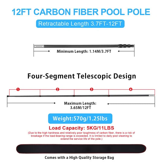 Carbon Fiber Pool Pole Telescopic, Professional Ultralight Pool Poles 3.7 to 12 FT, Telescoping Lightweight Pool Cleaning Pole, Heavy Duty Pool Pole for Skimmer Net, Brush, Vacuum Head 12FT