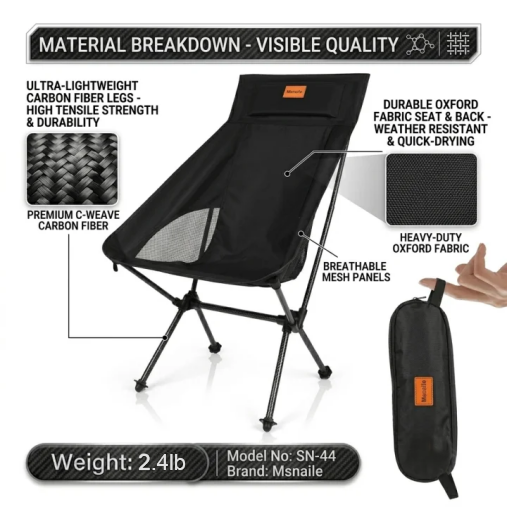 Msnaile Premium Carbon Fiber High-Back Camping Chair – 2.7lbs Ultralight, 330lbs Heavy-Duty Capacity, Portable Folding Seat for Backpacking & Outdoor Adventure (Black)