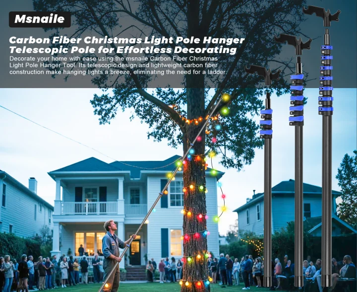 Msnaile Carbon Fiber Christmas Light Hanger Pole with Utility Hook, bird feeder pole,christmas light pole hanger tool（365-day after-sales service）