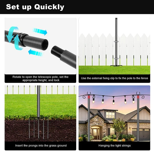 Carbon Fiber String Light Poles for Outside, Extends from 7 to 10FT Telescopic Outdoor Light Poles for String Lights, 2-Section Easily Setup Hanging Light Stand with Fork for Garden, 2 Pack