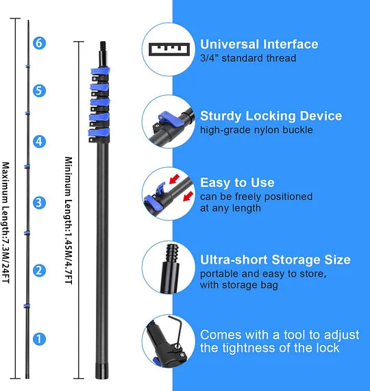 DOBEN Carbon Fiber Christmas Light Pole Hanger Tool Tree, 4.7 to 24FT Telescopic Extension Pole with Utility Hook for Holiday Light Installation, Multi Purpose Pole with Universal Thread Lightweight