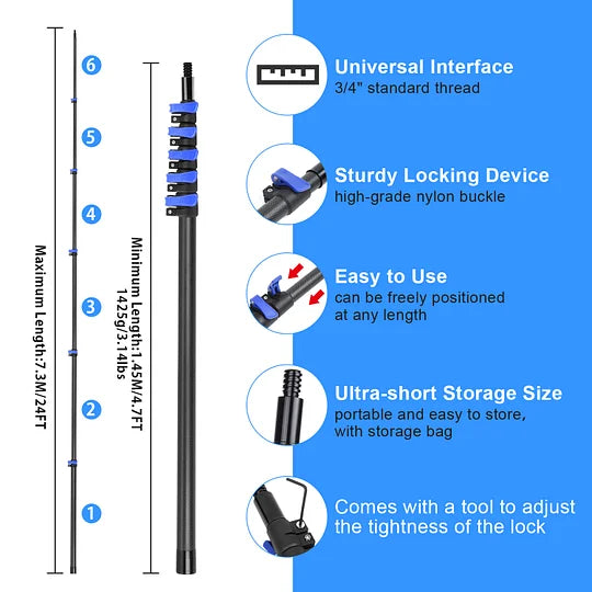 DOBEN Telescoping Car Wash Brush Kit - 4.7 to 24 Feet Carbon Fiber Extension Pole with Ultra Soft Bristle Brush Head - for RV, Truck, Auto, Home, Deck & Siding Cleaning