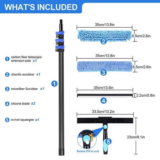DOBEN 12-Foot Carbon Fiber Window Cleaner Tool with Telescopic Extension Pole, Rotating Scrubber & Squeegee - Durable Lightweight Design for Indoor/Outdoor Glass Cleaning