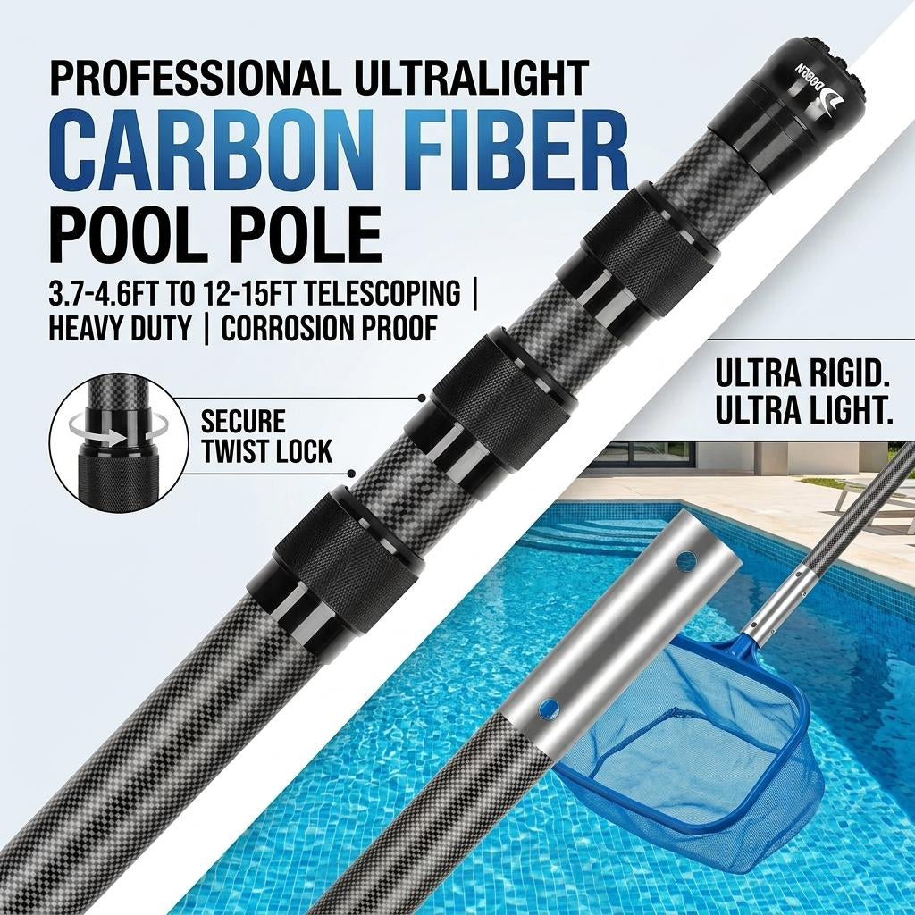 Carbon Fiber Pool Pole, Professional Ultralight Pool Poles 3.7/4.6 to 12/15 FT, Telescoping Lightweight Pool Cleaning Pole, Brush