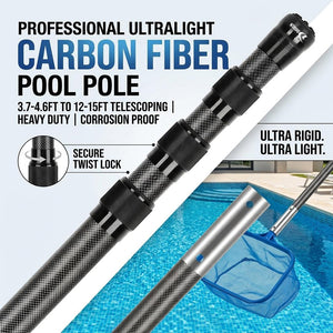 Carbon Fiber Pool Pole, Professional Ultralight Pool Poles 3.7/4.6 to 12/15 FT, Telescoping Lightweight Pool Cleaning Pole, Brush