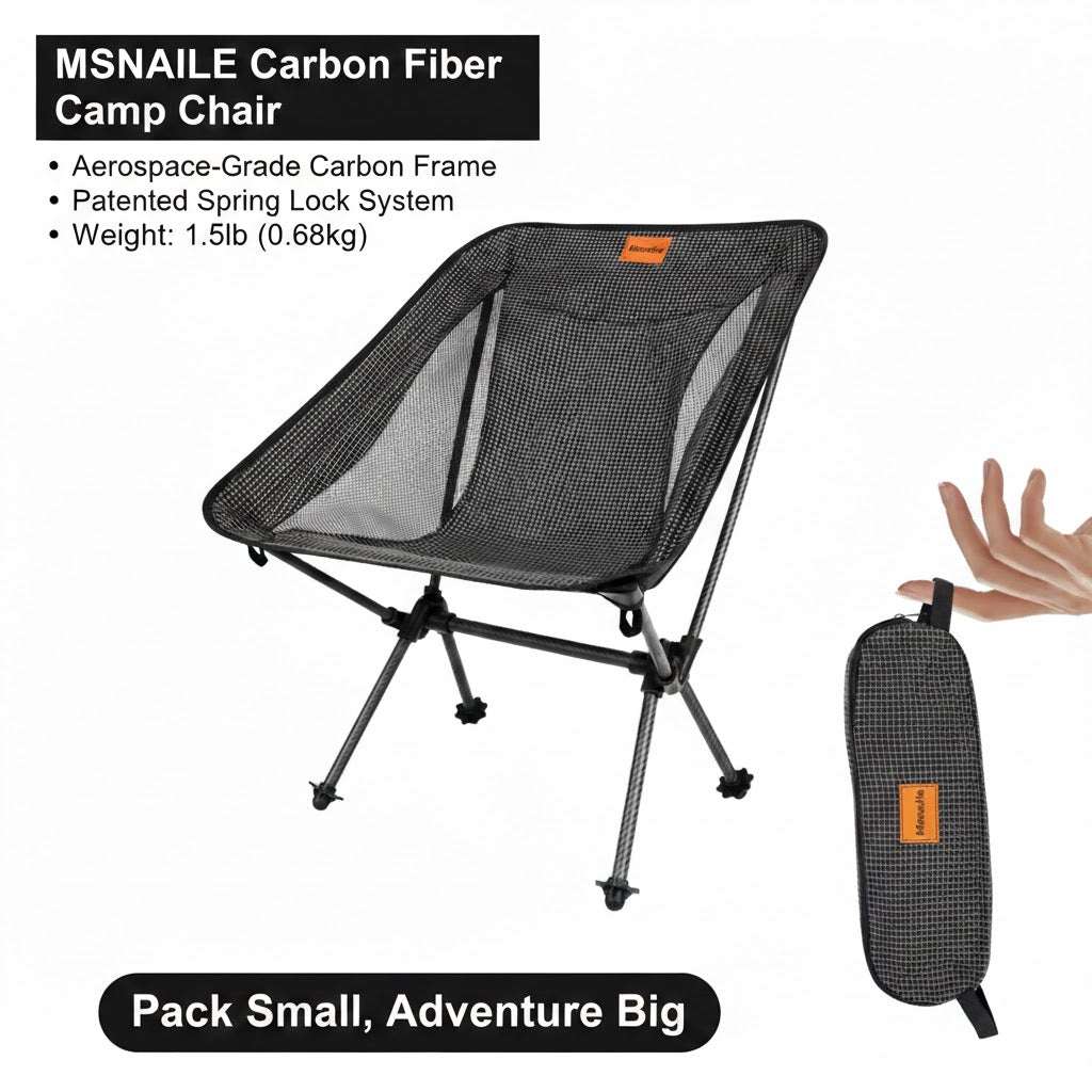 Msnaile Carbon Fiber Lightweight Folding 1.5lb Camping Chair , Stable Compact Portable for Outdoor Camp, Travel, Beach, Picnic, Festival, Hiking, Backpacking